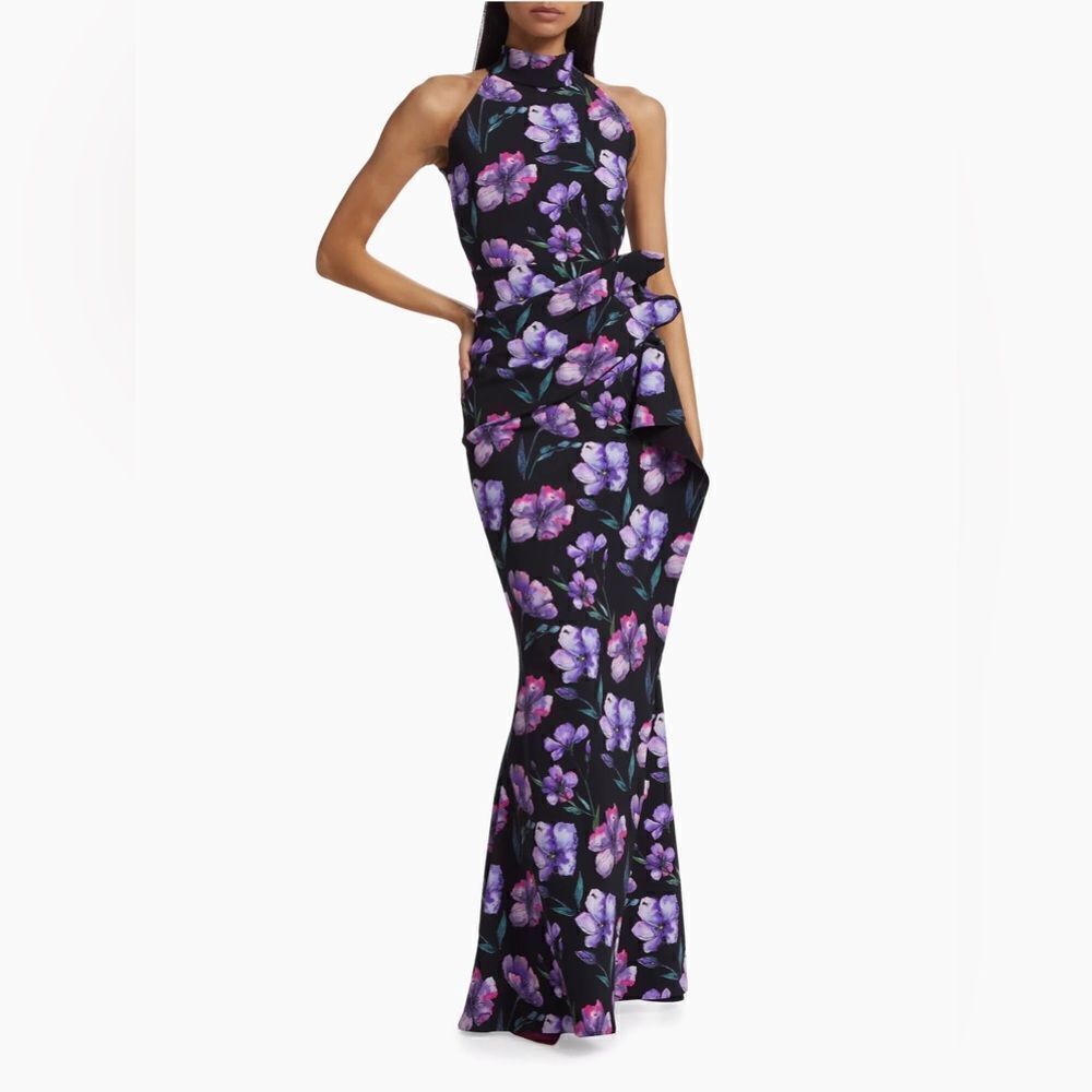 Chiara Boni La Petite Robe Draped High-Neck Floral Gown size 16